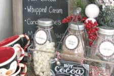 06 a hot cocolate bar wwith a chalkboard sign and a wire basket