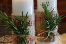 07 dollar store candles wrapped with burlap, rosemary and twine for a rustic look