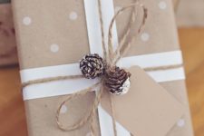 07 kraft paper, white paper, polka dots, twine and snowy pinecones