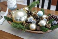 08 a dough bowl with ornaments, pinecones, evergreens