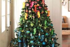 08 cool ombre Christmas tree with colorful beach-inspired ornaments