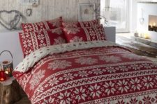 11 cozy red and white bedding with Scandinavian winter prints