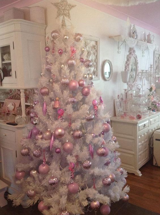 pink ornaments look cute on white trees, so glam and girlish