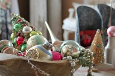12 a dough bowl with vintage ornaments and beads