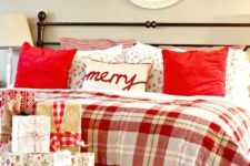 12 a plaid quilt, flannel bedding and red pillows for an accent