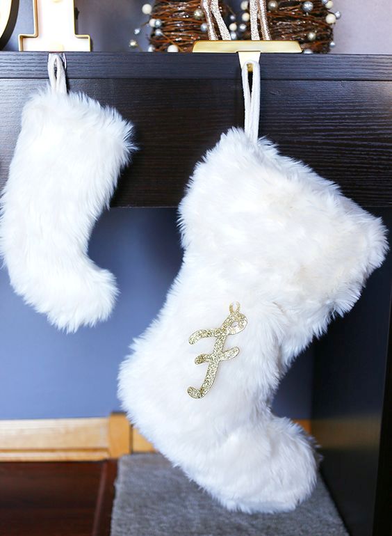 faux fur stockings with glitter letters