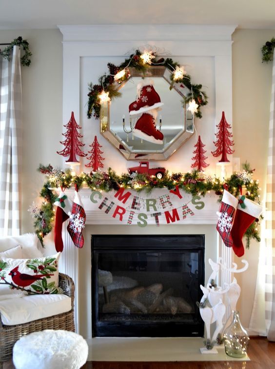 a natural-looking garland with lights, stockings and skates