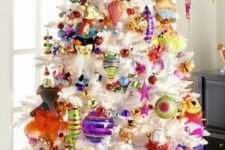 15 beautiful white tree with colorful ornaments all over