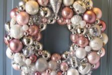 15 pink, ivory and silver Christmas ornaments wreath