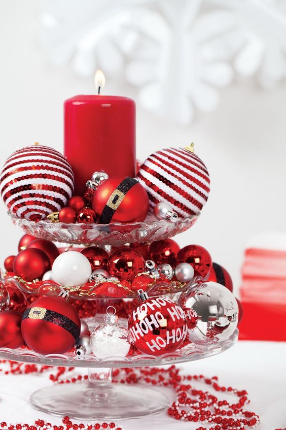 glass cupcake stand with bold red and white ornaments