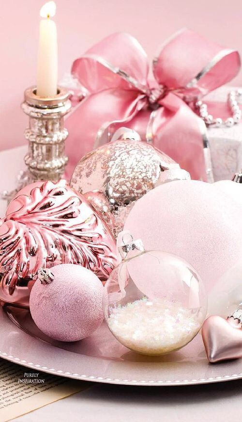 pink Christmas ornament display for the holidays