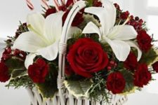 17 whitewashed basket with red and white flowers and candy canes