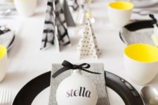 19 modern graphic holiday tablescape in black, white and yellow