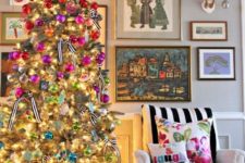 20 red, pink, green, gold and blue ornaments created an ombre effect