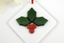 21 holly berry fused glass ornament