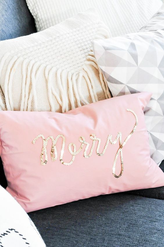 pink pillow with gold sequins for your pastel Christmas