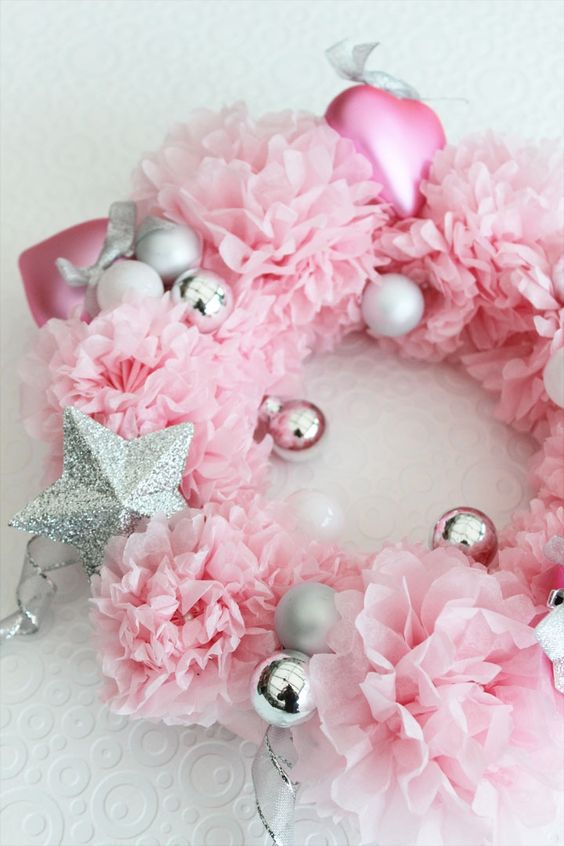 fluffy pink Christmas wreath with silver touches