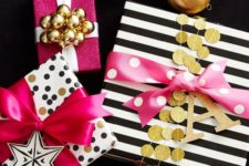 26 printed black, white and gold paper can be spruced up with glitter banners, pink ribbon and gift tags