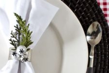 28 silver napkin ring with jingle bells and greenery