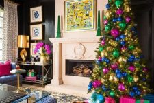 a catchy Christmas tree styled with jewel-tone oversized ornaments is a bold and cool decor statement