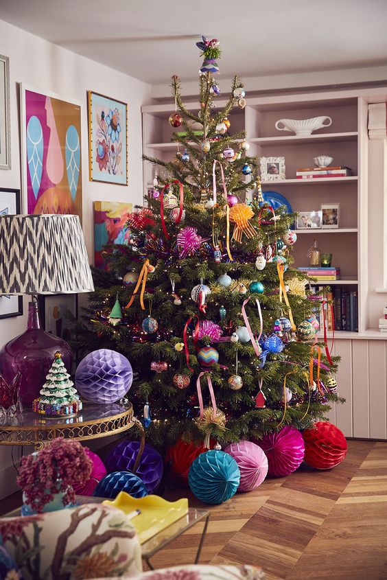 a colorful Christmas tree that can boast of lots of super bright ornaments baubles and paper decorations (photographed by Alun Callender)