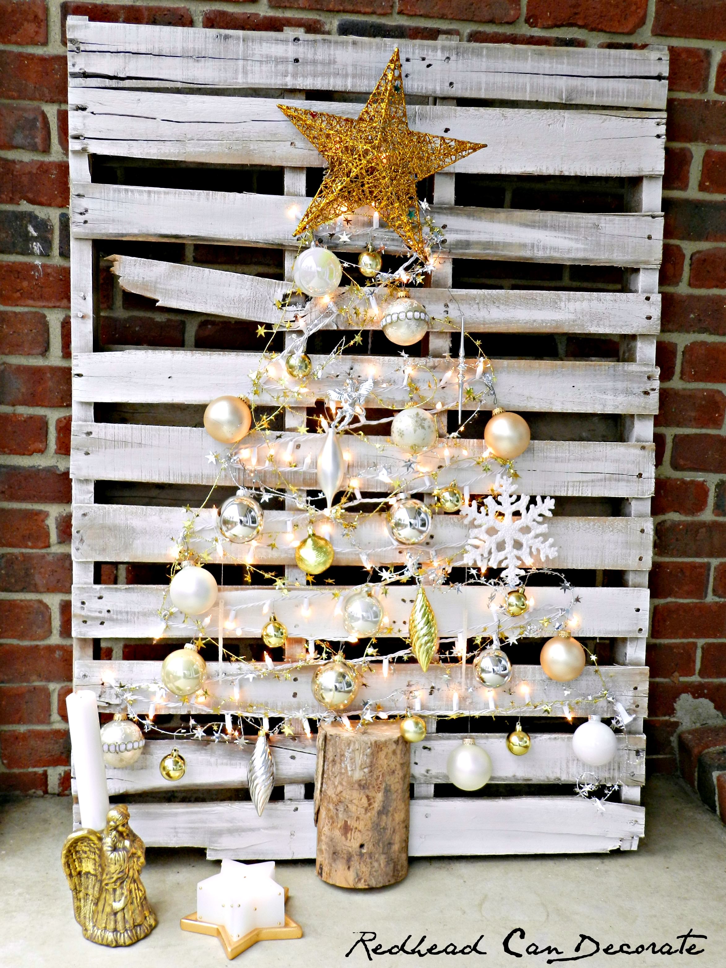 DIY pallet Christmas tree with metallic ornaments