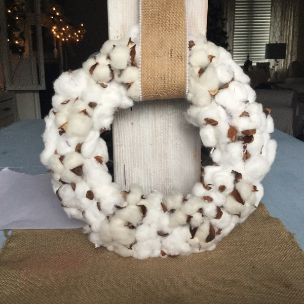 DIY cotton ball wreath with burlap mesh
