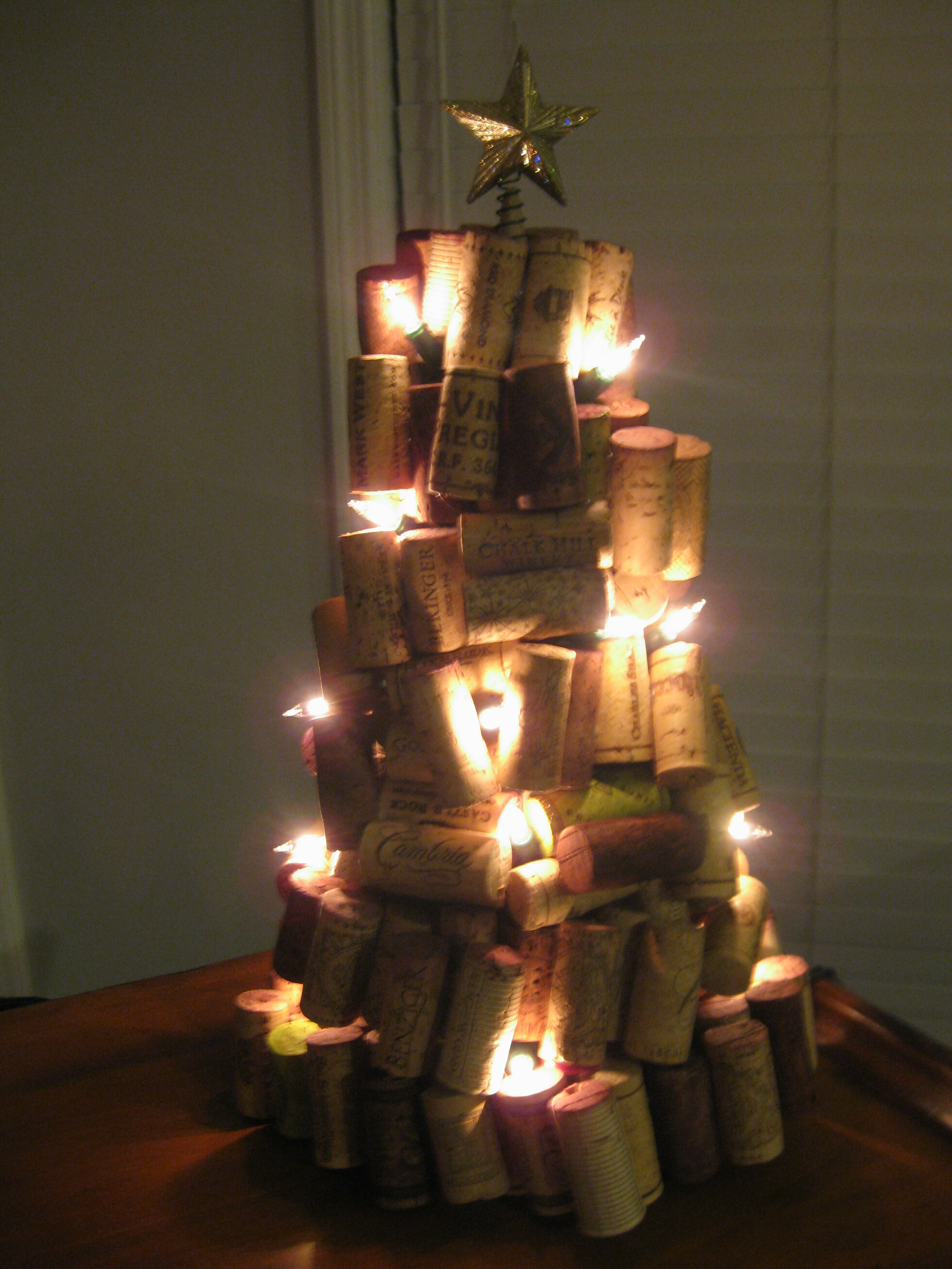 DIY lit up wine cork Christmas tree