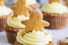 DIY gingerbread cupcakes topped with gingerbread cookies
