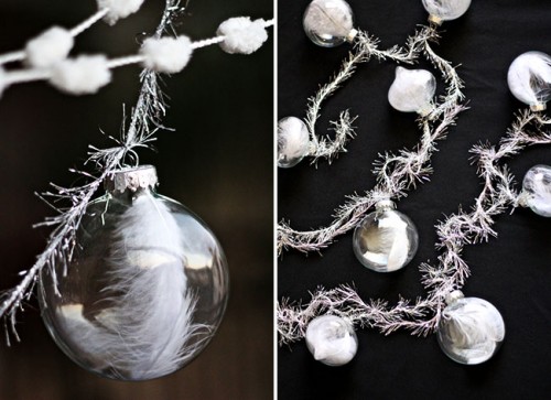 DIY delicate feather ornament garland (via www.shelterness.com)