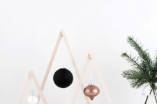 DIY mini wood stick Christmas trees with ornaments