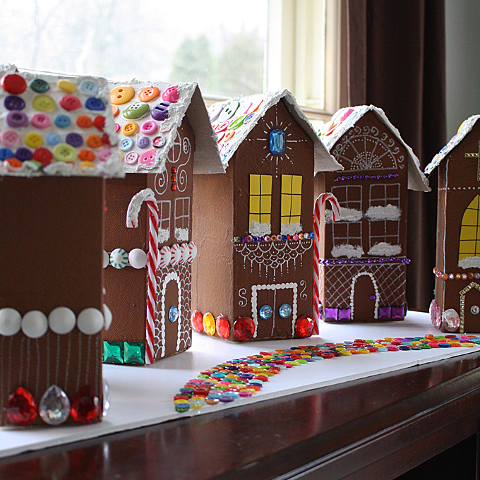 DIY gingerbread house village of empty milk cartons