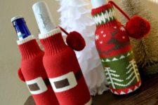 03 bring a bottle of wine with you to an ugly Christmas sweater party and cover them with knitted miniature sweaters in bright colors