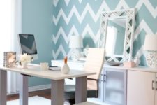 04 mint blue and white chevron accent wall in a home office