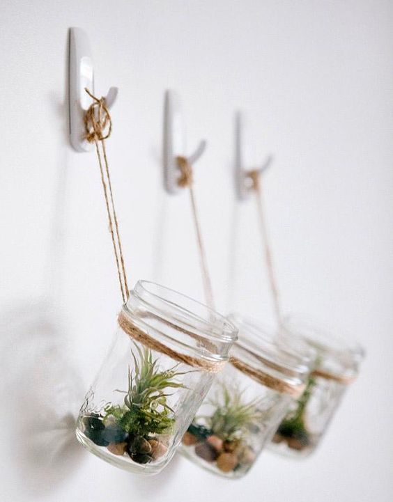 hanging jars with stones and air plants