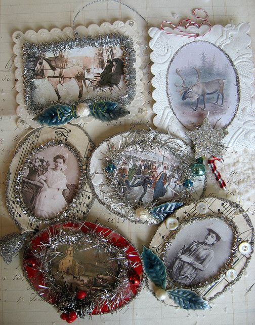 tinsel and old Christmas card ornaments