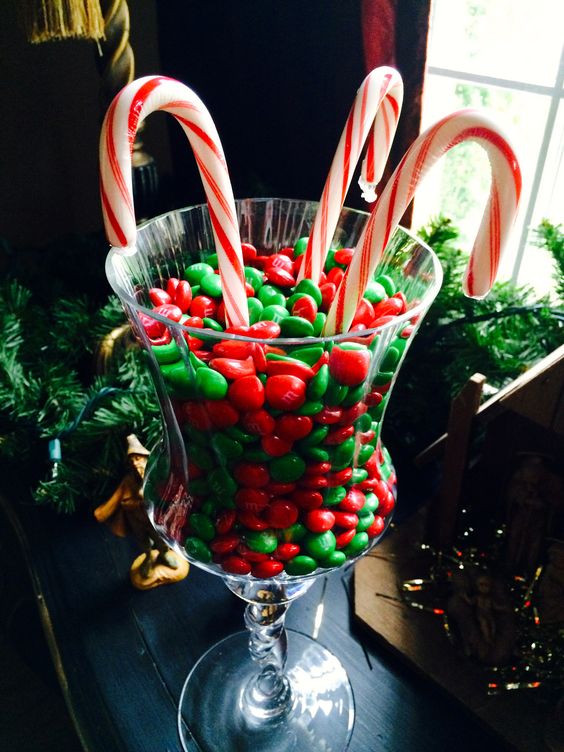 colorful M&Ms and candy canes in a jar for eating and creating a holiday mood