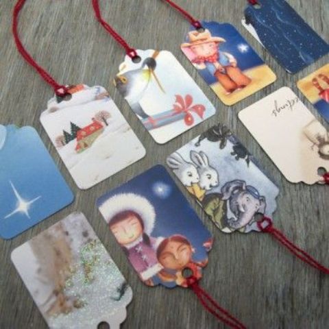 don't buy gift tags, just make them of cards and attach strings