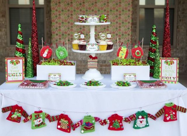 ugly sweater garland on the dessert table and glitter cone trees