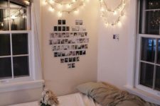 17 string lights over the bed to make your bed nook cozier