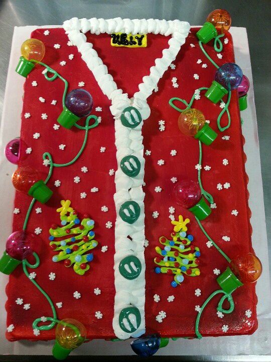 colorful and ugly sweater cake in red