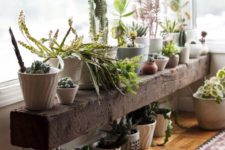 18 dark stained wooden beam bench as a plant stand