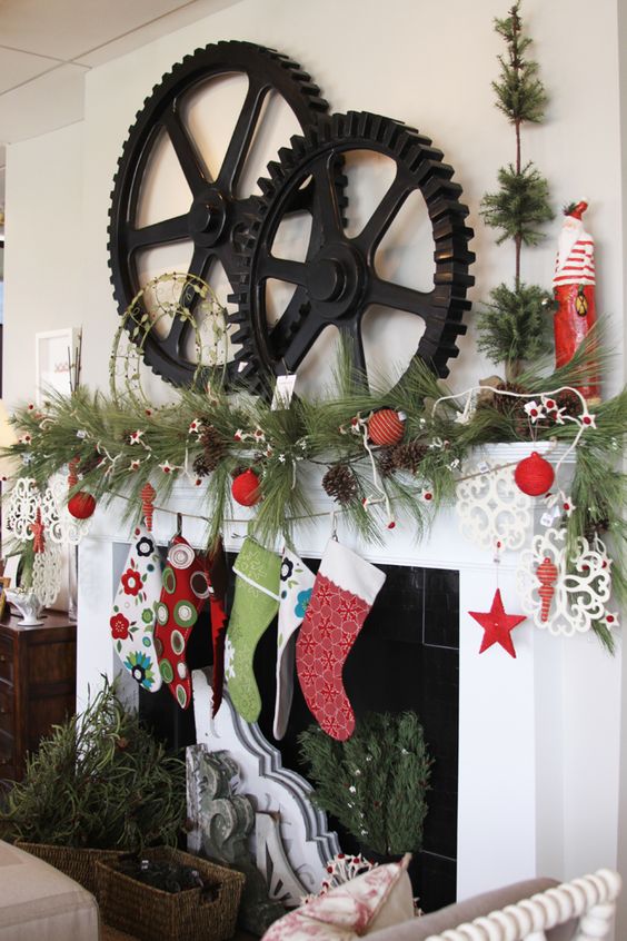 oversized farm gears placed on a mantel