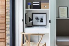 19 small workspace with space-saving pocket doors is concealed in a kitchen cupboard