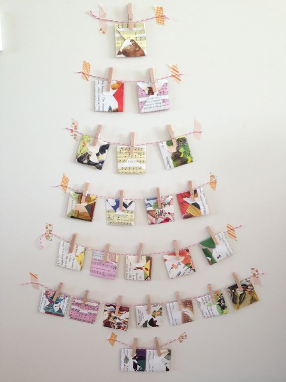 Christmas cards hanging on strings