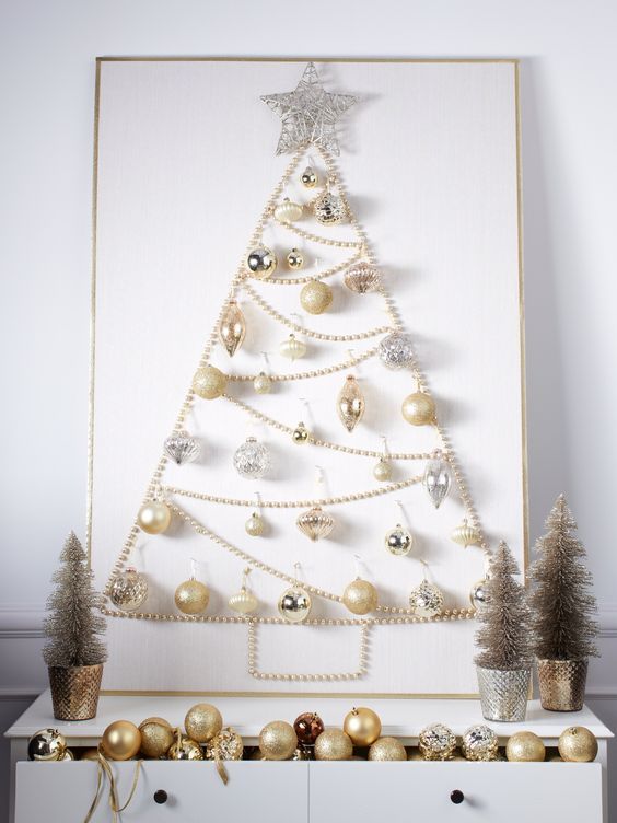 a glam wall art Christmas tree of beads, with elegant metallic ornaments, a star topper is lovely