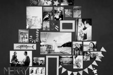 a wall-mounted black and white Christmas tree made of photos is a cool and catchy decor idea