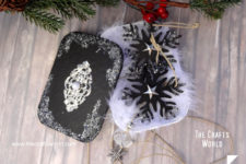 DIY crystal and snowflake ornaments in tins
