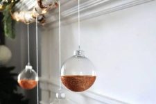 clear glass Christmas ornaments with copper glitter color blocking are amazing for glam Christmas decor