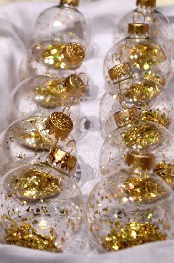 clear glass Christmas ornaments with glitter inside are amazing for shiny Christmas tree decor